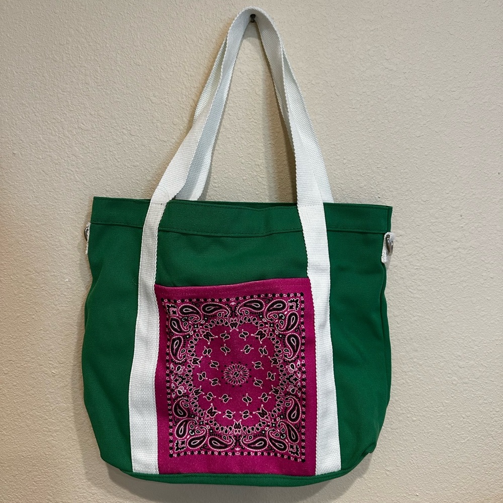 Green Tote Bag or Beach Bag with Decorative Outside Pocket